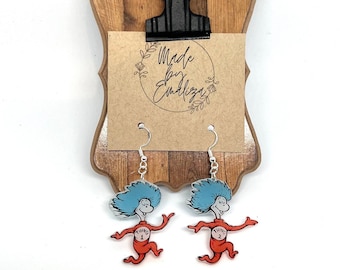 Dr. Seuss Inspired Dangle Earrings / Thing 1 and Thing 2 / Dr. Seuss Character Earrings / Dr. Seuss Jewelry / Dr. Seuss Week  Cat in the Hat