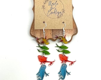 Dr. Seuss Inspired Dangle Earrings / One Fish Two Fish Red Fish Blue Fish / Dr. Seuss Character Earrings / Dr. Seuss Jewelry /Dr. Seuss Week