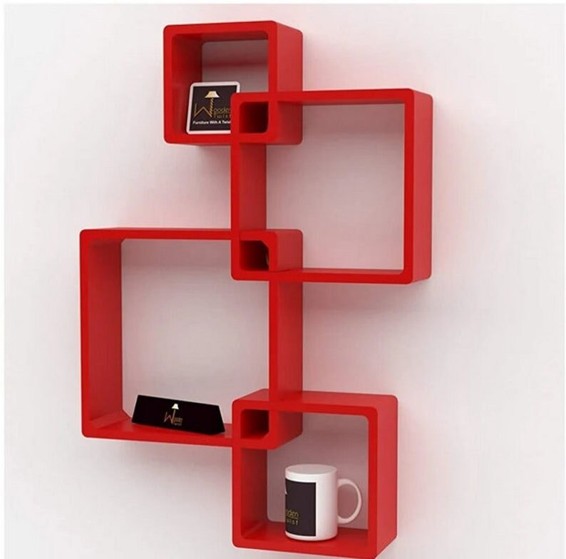 Wooden Shelf Red Wall Shelf/ Modern Intersecting Home Wall Etsy
