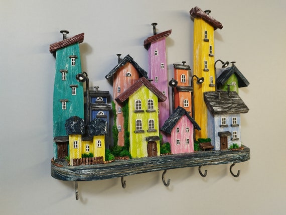 Colorful Houses Wooden Key Holder - Entryway Organizer with 5 Hooks
