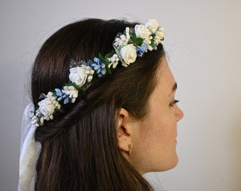 White blush blue flower croun with green leaves,Crown for baby,Holy communion crown,Flower girl wreath,Photo prop crown