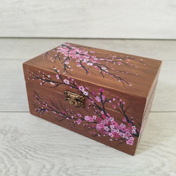 Hand painted wooden box with sakura flowers,Spring flowers,Jewellery flower box,Trinket box,Storage box,Floral hand painted box.