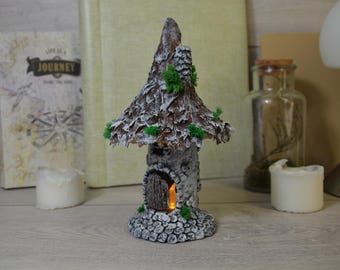 Handmade Clay Fairy House Sculpture: Miniature Bark Roof Cottage