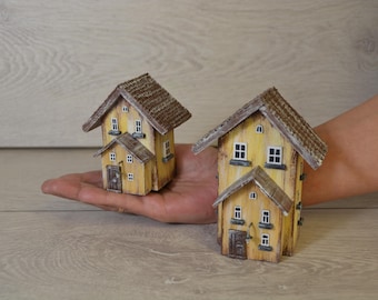 Handmade Wooden Decorative Houses Set | Rustic Farmhouse Cottage Decor
