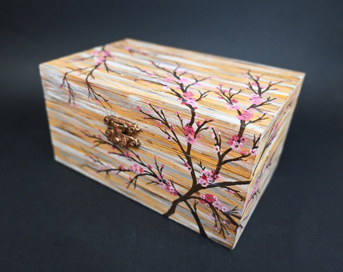 Hand painted wooden box with a blossoming cherry tree branch,Jewelry box,Trinket box,Jewelry storage,Unique designed box,Gift for women