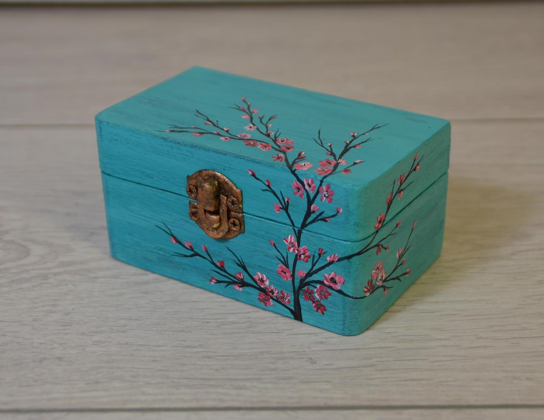 Hand-painted Turquoise Box With a Blossoming Cherry Branch,jewelry Box ...