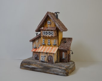 Casetta delle fate in legno fatta a mano, cottage rustico in miniatura, arredamento per la casa stravagante, regalo unico per gli amanti delle fate, ornamento Cottagecore
