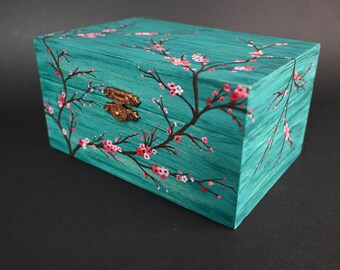 Hand-painted turquoise box with a blossoming cherry branch,Jewelry box,Trinket box,Storage box,Unique designed box,Gift for women.
