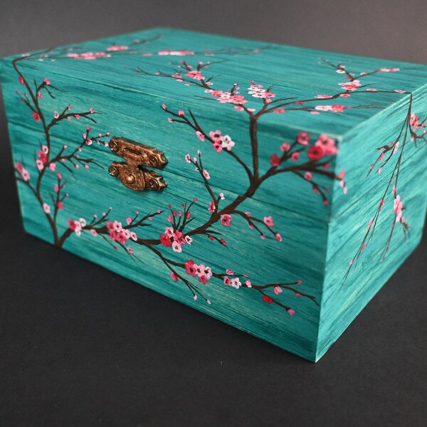 Hand-painted turquoise box with a blossoming cherry branch,Jewelry box,Trinket box,Storage box,Unique designed box,Gift for women.