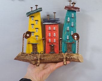 Colorful wooden key holder,Tiny houses,Decorative wall hook,Key organizer entryway,Houses in a row key holder,Cute interior decor,Key rack