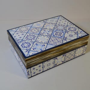 Large Wooden Tea Box with Portuguese Azulejo Tile Design | Decoupage Storage Box for Spices, Keepsakes or Jewelry | Gift for Her