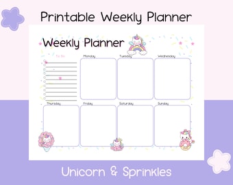 Unicorn & Sprinkles Kawaii Weekly Planner Stampabile Lista delle cose da fare, Planner senza data, Planner carino, Planner Kawaii, Planner Unicorno