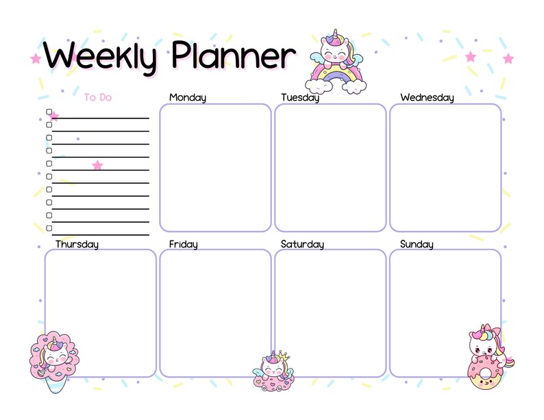 Unicorn & Sprinkles Kawaii Weekly Planner Printable to Do List, Undated ...