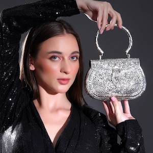 Purse for Indian wedding, Artisan Silver metal clutch with Floral Design for Bride and Bridesmaid Luxury evening bag