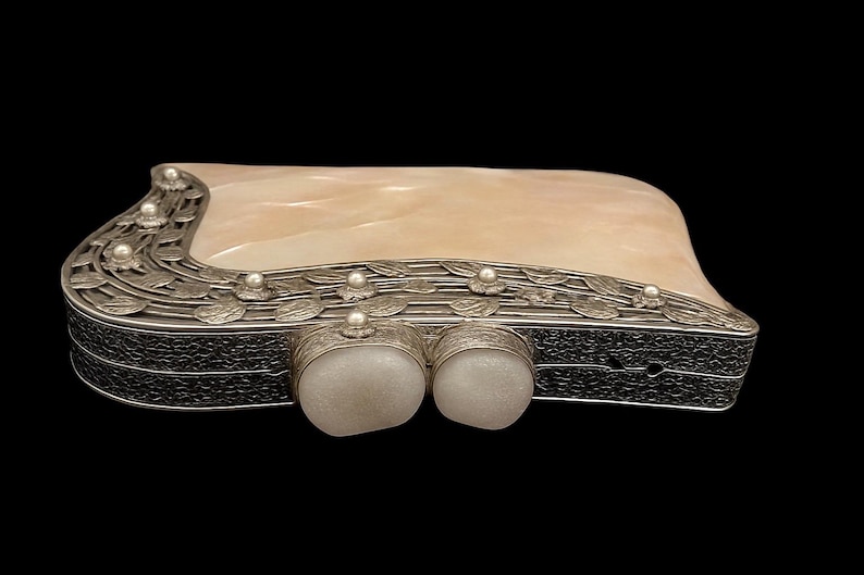Formal evening handbag with luxury silver frame and decorative clasp