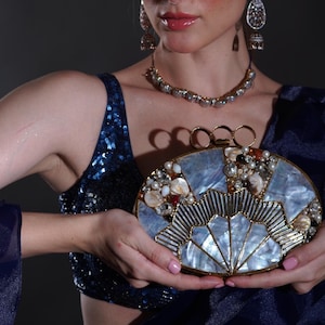 Blue Handmade Clutch Metallic Mother of Pearl Bridal Gold Embellished Luxury Brass Purse for Women