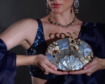 Blue Handmade Clutch Metallic Mother of Pearl Bridal Gold Embellished Luxury Brass Purse for Women