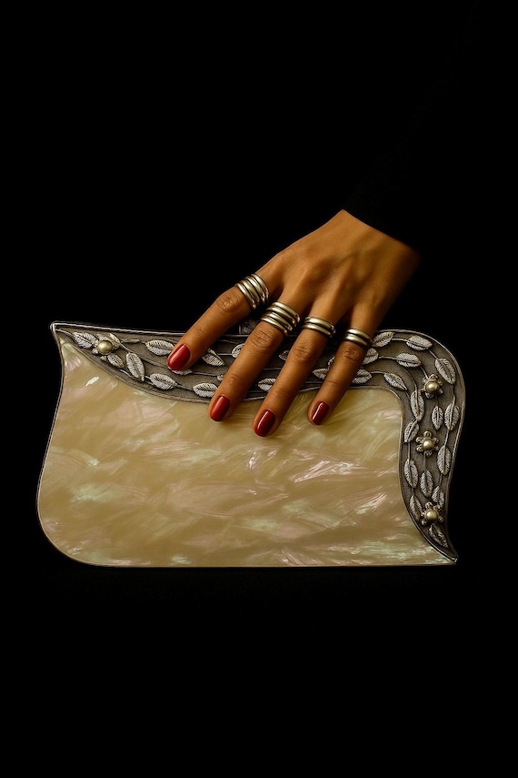 Vintage Mother of Pearl Clutch Bag with Silver Metal Leaf Design & Pearl Accents | Evening Purse | Bridal Handbag | Wedding Accessories