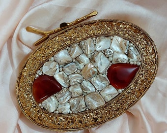 Indian Handcrafted Clutch Artisan Natural Seashell Inlaid Bag Gold Designer Handbag Artistry and Luxury Brass Purse