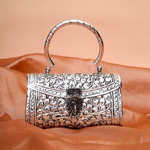 Antique Clutch for Women Metallic Indian Handmade Silver Metal Vintage Style Purse Sling Clutch for Wedding