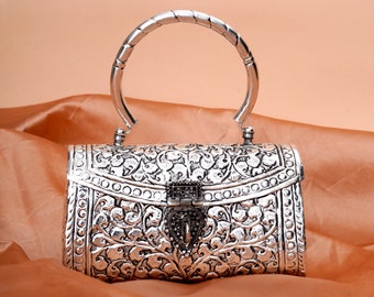 Antique Clutch for Women Metallic Indian Handmade Silver Metal Vintage Style Purse Sling Clutch for Wedding