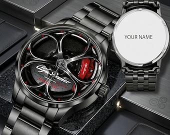 Reloj de pulsera con forma de rueda del Alfa Romeo Giulia Quadrifoglio / Reloj de pulsera para automóvil / Reloj de pulsera de regalo