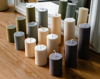 Colourful Sets of 3 Ribbed Column Pillar Soy Candles Handmade Home Decor