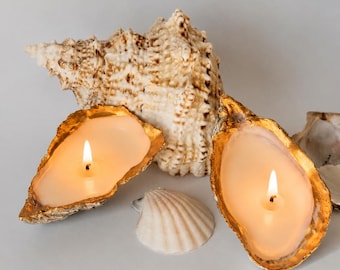 Oesterschelpkaars met gouden punt – Handgemaakt kustdecor met sojawas