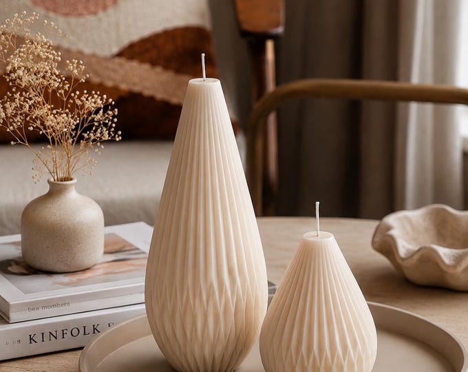 Ribbed Lantern Pillar Soy Candle Set - Handmade Home Decor candle