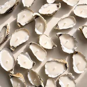 Peut inclure: Une collection de bougies individuelles coulées dans des coquilles d'huîtres naturelles. Chaque coquille présente une cire blanc cassé lisse avec une mèche blanche centrée. Les coquilles ont des formes organiques et des bords texturés.