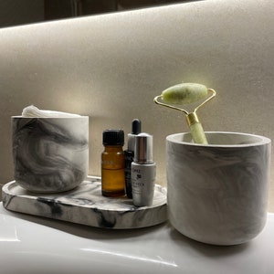 Bathroom set of three | Black Marble Color | Barhroom Decor Jars | Concrete trinket tray | Make up brushes holder |Home Decor