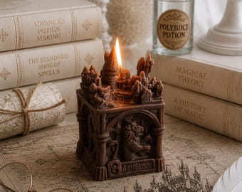Könnte beinhalten: Eine braune, quadratische Kerze, die wie eine Burg geformt ist und eine brennende Dochtspitze hat. Die Basis zeigt detaillierte Reliefschnitzereien eines Löwen und den Text Gryffindor. Die Kerze steht auf einer Karte mit dem Text Hogwarts.