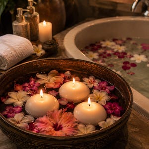 Könnte beinhalten: Eine dunkelbraune Dekoschale gefüllt mit Wasser, drei runden weißen Schwimmkerzen und verschiedenen bunten tropischen Blumen, darunter rosa Hibiskus und weiße Plumeria-Blüten, die ein ruhiges und beleuchtetes Arrangement bilden.