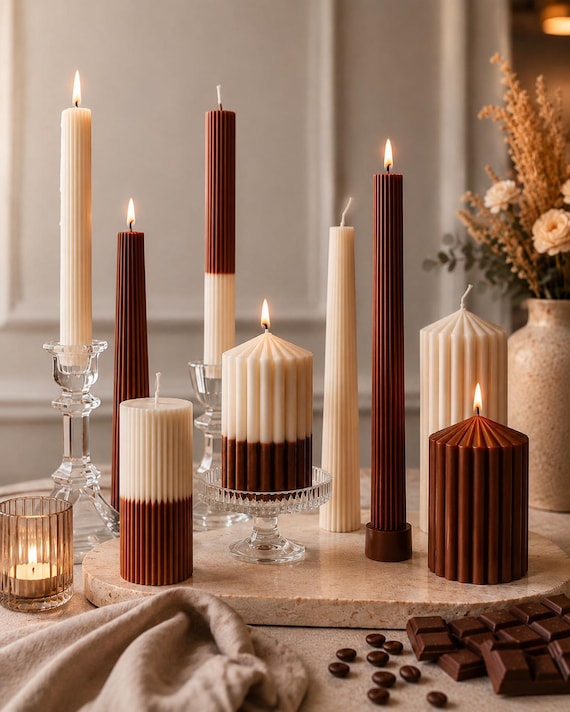 Braune, gerippte Säulenkerzen, moderne Spitzkerzen aus Sojawachs, kaffeebraun, Wohnaccessoires