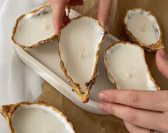 Handgemaakte gouden oesterschelpkaarsen met gouden rand, gunsten kustbruiloft