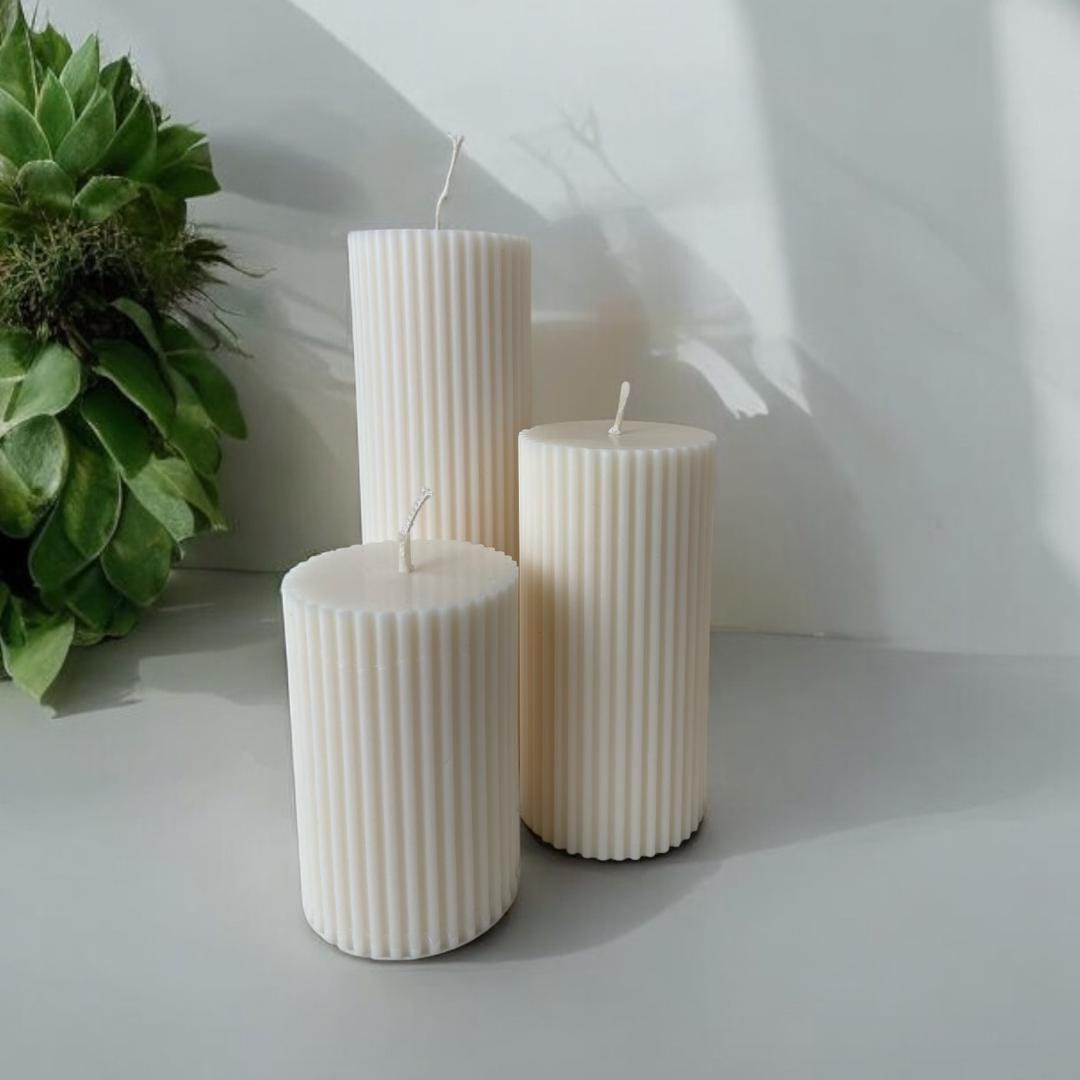 Ribbed Soy Wax Pillar Candle Set: Modern Home Decor, Scented Candles