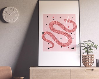 Ilustração abstrata de cobra vermelha, arte de parede rosa moderna, decoração cósmica exclusiva para casa ou escritório