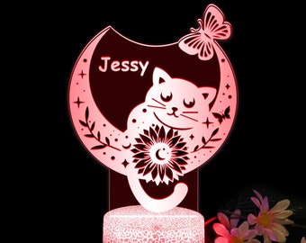 Cat Night Light, Personalized Night Lights Kids, Cat LED,Bedroom  Lamp, Kids Bedroom Decor, Night Lights for Girls,Cat On Moon