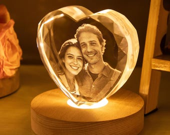Personalized Heart 3D Crystal Photo Portrait LED,Custom Portrait in Crystal Light,Photo Gift For Couple,Portrait in Crystal,Anniversary Gift