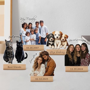 May include: Wooden photo display stands with different family photos and dates. The stands feature the text "My Family", "Best Friends", "Love Story", "My Babies", and "Eternal Friendship".