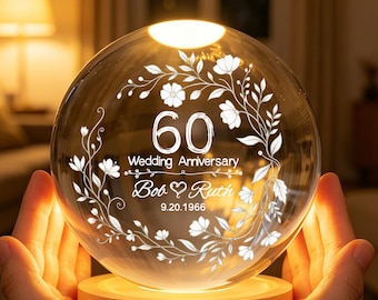 Lampada a sfera di cristallo personalizzata per il 60° anniversario, regalo di nozze personalizzato con diamanti, luce notturna a LED per coppie, decorazione romantica ricordo, anniversario
