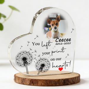 Puede incluir: Placa conmemorativa en forma de corazón con una foto de un perro, el texto "You left your print on our hearts!" y el nombre "Ceecee" con fechas. La placa está sobre una base de madera.