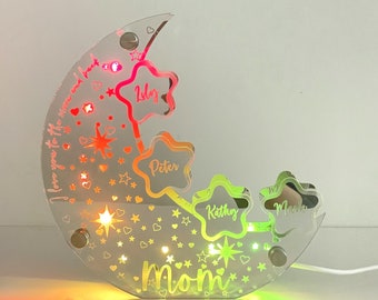 Veilleuse lune personnalisée en acrylique, noms personnalisés avec lune et étoile, veilleuse pour maman, cadeaux pour maman, lampe de chambre à coucher, lampe 7 couleurs