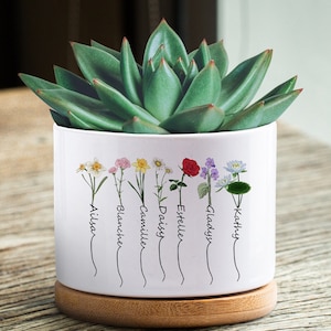 Cache-pot personnalisé, pot de fleur personnalisé pour le mois de naissance, cache-pot de grand-mère, jardinière succulente, cadeau pour grand-mère, cadeau de fête des mères flower-style2