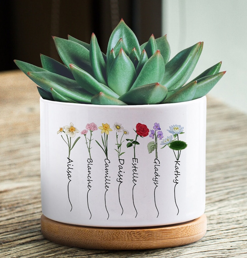 Cache-pot personnalisé, pot de fleur personnalisé pour le mois de naissance, cache-pot de grand-mère, jardinière succulente, cadeau pour grand-mère, cadeau de fête des mères flower-style2