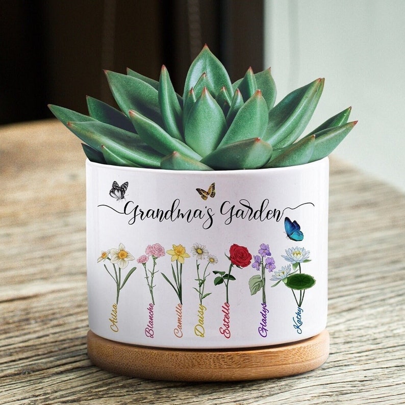 Cache-pot personnalisé, pot de fleur personnalisé pour le mois de naissance, cache-pot de grand-mère, jardinière succulente, cadeau pour grand-mère, cadeau de fête des mères flower-style1