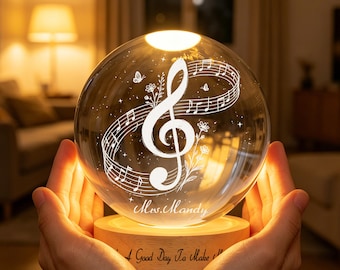 Personalized Music Crystal Ball LED Night Light, Custom Violin Piano Guitar Drum Teacher Gift, Music Lover Lamp, Teacher Appreciation