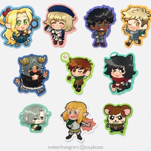 May include: Set of ten colorful cartoon character stickers featuring a variety of characters, including a knight, a warrior, a wizard, a elf, a cat, a mouse, and a dragon. The stickers are perfect for adding a touch of whimsy to your laptop, water bottle, or planner.