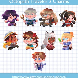 Könnte beinhalten: Acht bunte Comicfiguren-Anhänger, inspiriert vom Videospiel Octopath Traveler 2. Die Anhänger zeigen Charaktere mit verschiedenen Frisuren, Kleidung und Accessoires. Die Anhänger sind als Schlüsselanhänger oder Taschenanhänger gedacht.
