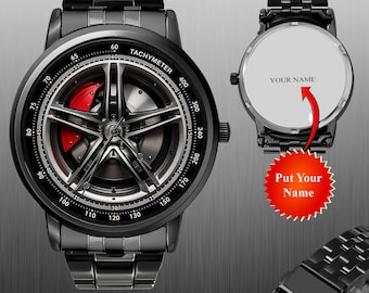 Reloj con forma de llanta de coche, acero inoxidable, diseño calado con foto artística, regalo de reloj de pulsera, reloj de pulsera para automóviles
